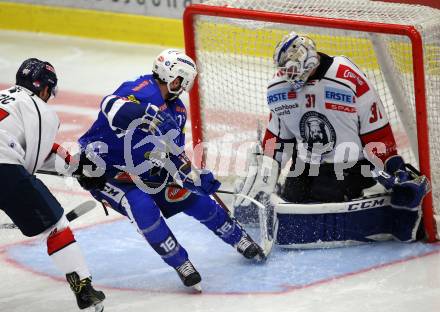 EBEL. Eishockey Bundesliga. EC VSV gegen KHL Medvescak Zagreb. MacGregor Sharp, (VSV), Mathieu Corbeil  (Zagreb). Villach, am 1.9.2018.
Foto: Kuess 


---
pressefotos, pressefotografie, kuess, qs, qspictures, sport, bild, bilder, bilddatenbank