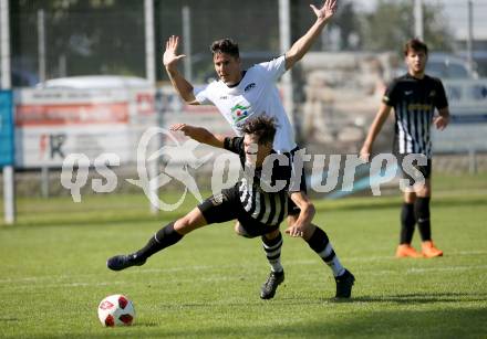 Fussball Unterliga Ost. ASK gegen Kraig. David Valtiner, (ASK), Michael Spielberger  (Kraig). Klagenfurt, am 9.9.2018.
Foto: Kuess
---
pressefotos, pressefotografie, kuess, qs, qspictures, sport, bild, bilder, bilddatenbank