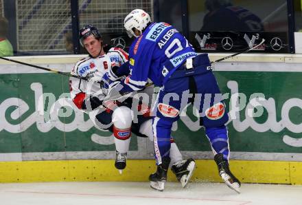 EBEL. Eishockey Bundesliga. EC VSV gegen KHL Medvescak Zagreb. Brandon Alderson,  (VSV), Adam Deutsch (Zagreb). Villach, am 1.9.2018.
Foto: Kuess 


---
pressefotos, pressefotografie, kuess, qs, qspictures, sport, bild, bilder, bilddatenbank