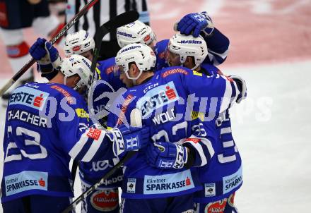 EBEL. Eishockey Bundesliga. EC VSV gegen KHL Medvescak Zagreb. Torjubel Jerry Pollastrone, MacGregor Sharp, Bernd Wolf, Markus Schlacher (VSV). Villach, am 1.9.2018.
Foto: Kuess 


---
pressefotos, pressefotografie, kuess, qs, qspictures, sport, bild, bilder, bilddatenbank