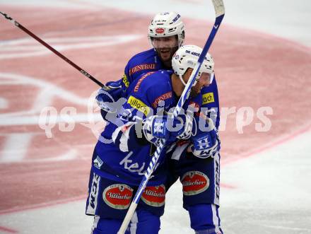 EBEL. Eishockey Bundesliga. EC VSV gegen KHL Medvescak Zagreb. Torjubel Jerry Pollastrone, MacGregor Sharp (VSV). Villach, am 1.9.2018.
Foto: Kuess 


---
pressefotos, pressefotografie, kuess, qs, qspictures, sport, bild, bilder, bilddatenbank