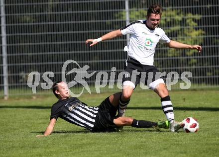 Fussball Unterliga Ost. ASK gegen Kraig. Lukas Schmied,  (ASK),  Georg Pirker (Kraig). Klagenfurt, am 9.9.2018.
Foto: Kuess
---
pressefotos, pressefotografie, kuess, qs, qspictures, sport, bild, bilder, bilddatenbank