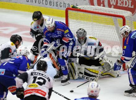 EBEL. Eishockey Bundesliga. EC VSV gegen DEC Dornbirn Bulldogs. Markus Schlacher, Corey Trivino,  (VSV), Juuso Eemeli Pulli, Juha Rasmus Rinne (Dornbirn). Villach, am 23.9.2018.
Foto: Kuess 


---
pressefotos, pressefotografie, kuess, qs, qspictures, sport, bild, bilder, bilddatenbank