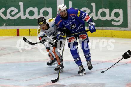 EBEL. Eishockey Bundesliga. EC VSV gegen DEC Dornbirn Bulldogs. Brandon Alderson,  (VSV), Thomas Vallant (Dornbirn). Villach, am 23.9.2018.
Foto: Kuess 


---
pressefotos, pressefotografie, kuess, qs, qspictures, sport, bild, bilder, bilddatenbank