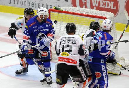 EBEL. Eishockey Bundesliga. EC VSV gegen DEC Dornbirn Bulldogs. Markus Schlacher, Christof Kromp,  (VSV), Juuso Eemeli Pulli, Juha Rasmus Rinne, Thomas Vallant (Dornbirn). Villach, am 23.9.2018.
Foto: Kuess 


---
pressefotos, pressefotografie, kuess, qs, qspictures, sport, bild, bilder, bilddatenbank