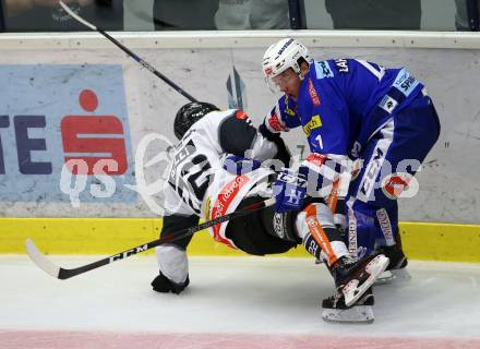 EBEL. Eishockey Bundesliga. EC VSV gegen DEC Dornbirn Bulldogs. Alexander Lahoda,  (VSV), Juuso Eemeli Pulli (Dornbirn). Villach, am 23.9.2018.
Foto: Kuess 


---
pressefotos, pressefotografie, kuess, qs, qspictures, sport, bild, bilder, bilddatenbank