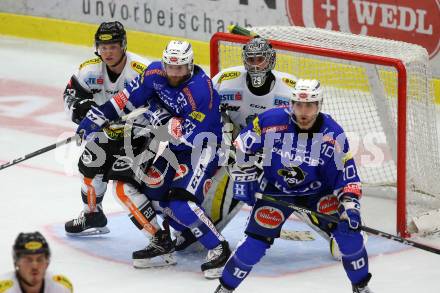 EBEL. Eishockey Bundesliga. EC VSV gegen DEC Dornbirn Bulldogs. Markus Schlacher, Corey Trivino, (VSV), Juuso Eemeli Pulli, Juha Rasmus Rinne  (Dornbirn). Villach, am 23.9.2018.
Foto: Kuess 


---
pressefotos, pressefotografie, kuess, qs, qspictures, sport, bild, bilder, bilddatenbank