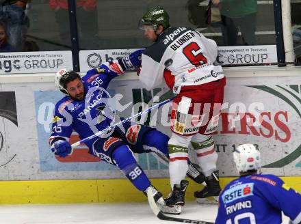 EBEL. Eishockey Bundesliga. EC VSV gegen HCB Suedtirol Alperia. Jerry Pollastrone,  (VSV), Michael Blunden (Bozen). Villach, am 28.9.2018.
Foto: Kuess 


---
pressefotos, pressefotografie, kuess, qs, qspictures, sport, bild, bilder, bilddatenbank