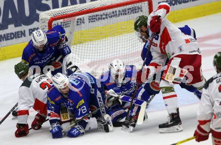 EBEL. Eishockey Bundesliga. EC VSV gegen HCB Suedtirol Alperia. Alexander Lahoda, Felix Maxa, Dan Bakala,  (VSV), Matti Kuparinen, Marco Insam (Bozen). Villach, am 28.9.2018.
Foto: Kuess 


---
pressefotos, pressefotografie, kuess, qs, qspictures, sport, bild, bilder, bilddatenbank