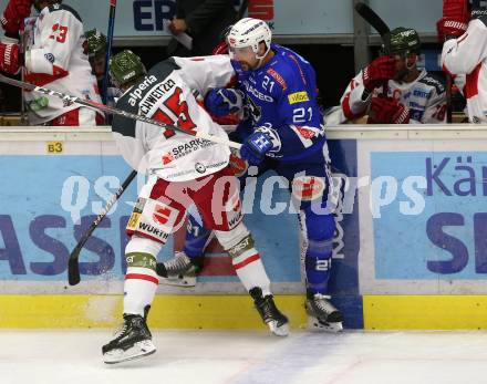 EBEL. Eishockey Bundesliga. EC VSV gegen HCB Suedtirol Alperia. Matthew Pelech,  (VSV), Viktor Schweitzer (Bozen). Villach, am 28.9.2018.
Foto: Kuess 


---
pressefotos, pressefotografie, kuess, qs, qspictures, sport, bild, bilder, bilddatenbank