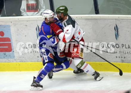 EBEL. Eishockey Bundesliga. EC VSV gegen HCB Suedtirol Alperia. Bernd Wolf, (VSV), Daniel Catenacci (Bozen). Villach, am 28.9.2018.
Foto: Kuess 


---
pressefotos, pressefotografie, kuess, qs, qspictures, sport, bild, bilder, bilddatenbank