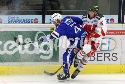 EBEL. Eishockey Bundesliga. EC VSV gegen HCB Suedtirol Alperia. Jamie Fraser,  (VSV), Viktor Schweitzer (Bozen). Villach, am 28.9.2018.
Foto: Kuess 


---
pressefotos, pressefotografie, kuess, qs, qspictures, sport, bild, bilder, bilddatenbank