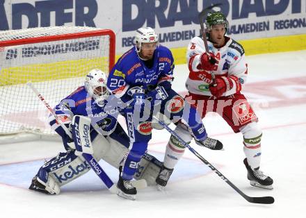 EBEL. Eishockey Bundesliga. EC VSV gegen HCB Suedtirol Alperia. Dan Bakala, Nico Brunner, (VSV), Michael Blunden  (Bozen). Villach, am 28.9.2018.
Foto: Kuess 


---
pressefotos, pressefotografie, kuess, qs, qspictures, sport, bild, bilder, bilddatenbank