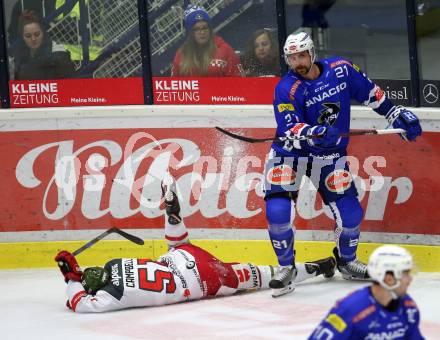 EBEL. Eishockey Bundesliga. EC VSV gegen HCB Suedtirol Alperia. Matthew Pelech, (VSV), Timothy Campbell  (Bozen). Villach, am 28.9.2018.
Foto: Kuess 


---
pressefotos, pressefotografie, kuess, qs, qspictures, sport, bild, bilder, bilddatenbank