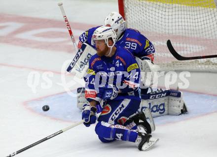 EBEL. Eishockey Bundesliga. EC VSV gegen HCB Suedtirol Alperia. Jamie Fraser, Dan Bakala (VSV). Villach, am 28.9.2018.
Foto: Kuess 


---
pressefotos, pressefotografie, kuess, qs, qspictures, sport, bild, bilder, bilddatenbank