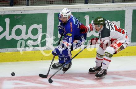 EBEL. Eishockey Bundesliga. EC VSV gegen HCB Suedtirol Alperia. Patrick Spannring,  (VSV), Timothy Campbell (Bozen). Villach, am 28.9.2018.
Foto: Kuess 


---
pressefotos, pressefotografie, kuess, qs, qspictures, sport, bild, bilder, bilddatenbank