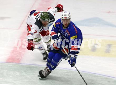 EBEL. Eishockey Bundesliga. EC VSV gegen HCB Suedtirol Alperia. Felix Maxa, (VSV), Daniel Catenacci (Bozen). Villach, am 28.9.2018.
Foto: Kuess 


---
pressefotos, pressefotografie, kuess, qs, qspictures, sport, bild, bilder, bilddatenbank