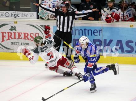 EBEL. Eishockey Bundesliga. EC VSV gegen HCB Suedtirol Alperia. Brandon Alderson, (VSV), Paul Geiger  (Bozen). Villach, am 28.9.2018.
Foto: Kuess 


---
pressefotos, pressefotografie, kuess, qs, qspictures, sport, bild, bilder, bilddatenbank