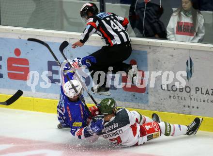 EBEL. Eishockey Bundesliga. EC VSV gegen HCB Suedtirol Alperia. Bernd Wolf, (VSV), Daniel Catenacci (Bozen). Villach, am 28.9.2018.
Foto: Kuess 


---
pressefotos, pressefotografie, kuess, qs, qspictures, sport, bild, bilder, bilddatenbank