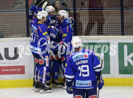 EBEL. Eishockey Bundesliga. EC VSV gegen Fehervar AV 19. Torjubel Jerry Pollastrone, Alexander Lahoda, MacGregor Sharp, Jason Desantis, Stefan Bacher (VSV). Villach, am 12.10.2018.
Foto: Kuess 


---
pressefotos, pressefotografie, kuess, qs, qspictures, sport, bild, bilder, bilddatenbank