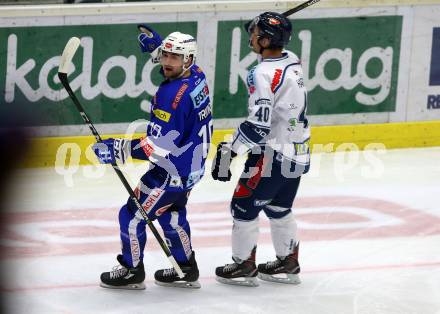 EBEL. Eishockey Bundesliga. EC VSV gegen Fehervar AV 19. Torjubel Corey Trivino (VSV). Villach, am 12.10.2018.
Foto: Kuess 


---
pressefotos, pressefotografie, kuess, qs, qspictures, sport, bild, bilder, bilddatenbank