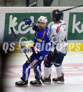 EBEL. Eishockey Bundesliga. EC VSV gegen Fehervar AV 19. Torjubel Corey Trivino (VSV). Villach, am 12.10.2018.
Foto: Kuess 


---
pressefotos, pressefotografie, kuess, qs, qspictures, sport, bild, bilder, bilddatenbank