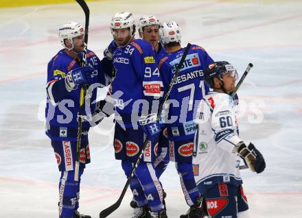 EBEL. Eishockey Bundesliga. EC VSV gegen Fehervar AV 19. Torjubel MacGregor Sharp, Blaine Down, Brandon Alderson, Jason Desantis (VSV). Villach, am 12.10.2018.
Foto: Kuess 


---
pressefotos, pressefotografie, kuess, qs, qspictures, sport, bild, bilder, bilddatenbank