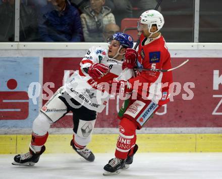 EBEL. Eishockey Bundesliga. KAC gegen HC TWK Innsbruck.  Charles Robin Gartner,  (KAC), Clemens Paulweber (Innsbruck). Klagenfurt, am 14.10.2018.
Foto: Kuess

---
pressefotos, pressefotografie, kuess, qs, qspictures, sport, bild, bilder, bilddatenbank