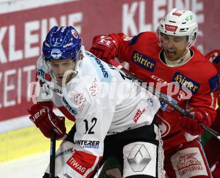 EBEL. Eishockey Bundesliga. KAC gegen HC TWK Innsbruck. Charles Robin Gartner,  (KAC), Andrew Michael Yogan (Innsbruck). Klagenfurt, am 14.10.2018.
Foto: Kuess

---
pressefotos, pressefotografie, kuess, qs, qspictures, sport, bild, bilder, bilddatenbank