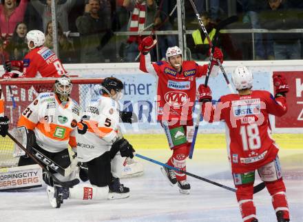 EBEL. Eishockey Bundesliga. KAC gegen Moser Medical Graz99ers. Bischofberger Johannes, Koch Thomas,  (KAC). Klagenfurt, am 19.10.2018.
Foto: Kuess

---
pressefotos, pressefotografie, kuess, qs, qspictures, sport, bild, bilder, bilddatenbank