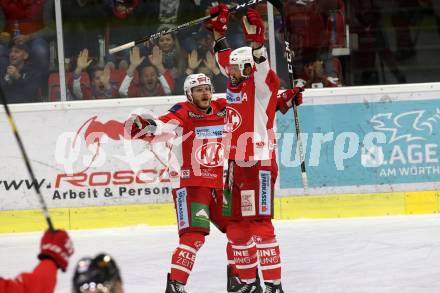 EBEL. Eishockey Bundesliga. KAC gegen Moser Medical Graz99ers. Jubel 	Geier Stefan, Fischer David Joseph (KAC). Klagenfurt, am 19.10.2018.
Foto: Kuess

---
pressefotos, pressefotografie, kuess, qs, qspictures, sport, bild, bilder, bilddatenbank