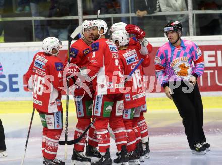 EBEL. Eishockey Bundesliga. KAC gegen Moser Medical Graz99ers. Bischofberger Johannes, Koch Thomas, Petersen Nicholas Eric, Fischer David Joseph (KAC), (Graz). Klagenfurt, am 19.10.2018.
Foto: Kuess

---
pressefotos, pressefotografie, kuess, qs, qspictures, sport, bild, bilder, bilddatenbank