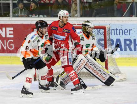 EBEL. Eishockey Bundesliga. KAC gegen Moser Medical Graz99ers. Geier Stefan (KAC), Caito Matthew, Linus Lundin (Graz). Klagenfurt, am 19.10.2018.
Foto: Kuess

---
pressefotos, pressefotografie, kuess, qs, qspictures, sport, bild, bilder, bilddatenbank