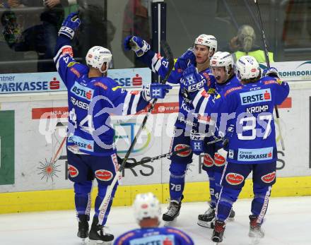 EBEL. Eishockey Bundesliga. EC VSV gegen Moser Medical Graz99ers. Torjubel Felix Maxa, Benjamin Lanzinger, Christof Kromp, Jamie Fraser (VSV). Villach, am 21.10.2018.
Foto: Kuess 


---
pressefotos, pressefotografie, kuess, qs, qspictures, sport, bild, bilder, bilddatenbank