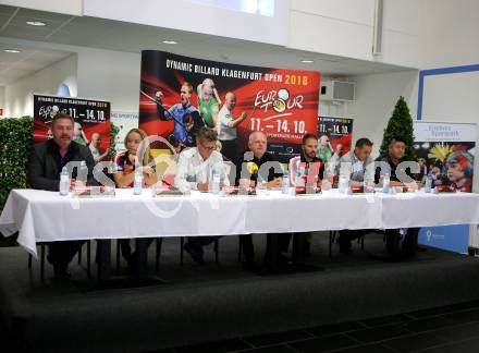 Dynamic Billard Klagenfurt Open 2018. Pressekonferenz. Thomas Overbeck, Jasmin Ouschan, Arno Arthofer, Gre Leenders, Albin Ouschan, Mario He. Klagenfurt, am 9.10.2018.
Foto: Kuess
---
pressefotos, pressefotografie, kuess, qs, qspictures, sport, bild, bilder, bilddatenbank