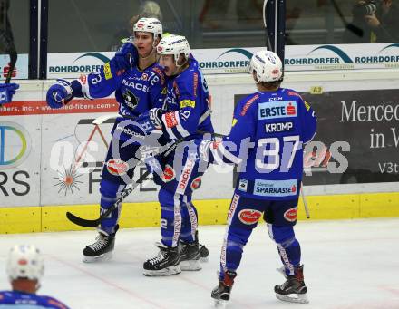 EBEL. Eishockey Bundesliga. EC VSV gegen Moser Medical Graz99ers. Torjubel Felix Maxa, Benjamin Lanzinger, Christof Kromp (VSV). Villach, am 21.10.2018.
Foto: Kuess 


---
pressefotos, pressefotografie, kuess, qs, qspictures, sport, bild, bilder, bilddatenbank