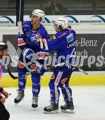 EBEL. Eishockey Bundesliga. EC VSV gegen Moser Medical Graz99ers. Torjubel Felix Maxa, Benjamin Lanzinger (VSV). Villach, am 21.10.2018.
Foto: Kuess 


---
pressefotos, pressefotografie, kuess, qs, qspictures, sport, bild, bilder, bilddatenbank