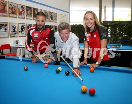 Dynamic Billard Klagenfurt Open 2018. Pressekonferenz.  Albin Ouschan, Arno Arthofer, Jasmin Ouschan. Klagenfurt, am 9.10.2018.
Foto: Kuess
---
pressefotos, pressefotografie, kuess, qs, qspictures, sport, bild, bilder, bilddatenbank