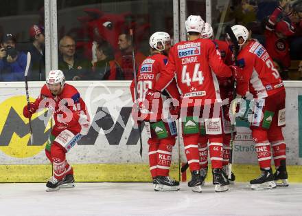 EBEL. Eishockey Bundesliga. KAC gegen spusu Vienna Capitals. Torjubel Johannes Bischofberger, Thomas HundertpfundAdam Comrie, David Joseph Fischer, Daniel Obersteiner (KAC). Klagenfurt, am 26.10.2018.
Foto: Kuess

---
pressefotos, pressefotografie, kuess, qs, qspictures, sport, bild, bilder, bilddatenbank