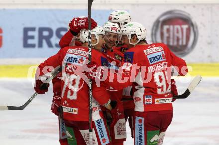 EBEL. Eishockey Bundesliga. KAC gegen spusu Vienna Capitals. Torjubel Mitch Wahl, Clemens Unterweger, Philipp Kreuzer (KAC). Klagenfurt, am 26.10.2018.
Foto: Kuess

---
pressefotos, pressefotografie, kuess, qs, qspictures, sport, bild, bilder, bilddatenbank