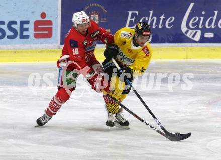 EBEL. Eishockey Bundesliga. KAC gegen spusu Vienna Capitals. Patrick Harand,  (KAC), Benjamin Nissner (Vienna Capitals). Klagenfurt, am 26.10.2018.
Foto: Kuess

---
pressefotos, pressefotografie, kuess, qs, qspictures, sport, bild, bilder, bilddatenbank