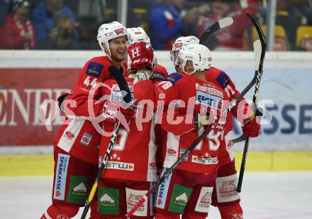 EBEL. Eishockey Bundesliga. KAC gegen HC Orli Znojmo. Torjubel Charles Robin Gartner, Adam Comrie, Thomas Hundertpfund, Stefan Geier, Siim Liivik (KAC). Klagenfurt, am 28.10.2018.
Foto: Kuess

---
pressefotos, pressefotografie, kuess, qs, qspictures, sport, bild, bilder, bilddatenbank