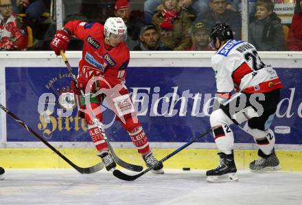 EBEL. Eishockey Bundesliga. KAC gegen HC Orli Znojmo. Patrick Harand,  (KAC), Patrik Novak (HC Orli Znojmo). Klagenfurt, am 28.10.2018.
Foto: Kuess

---
pressefotos, pressefotografie, kuess, qs, qspictures, sport, bild, bilder, bilddatenbank