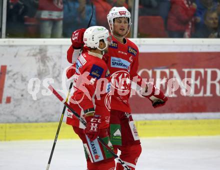 EBEL. Eishockey Bundesliga. KAC gegen HC Orli Znojmo. Torjubel Charles Robin Gartner, Adam Comrie (KAC). Klagenfurt, am 28.10.2018.
Foto: Kuess

---
pressefotos, pressefotografie, kuess, qs, qspictures, sport, bild, bilder, bilddatenbank