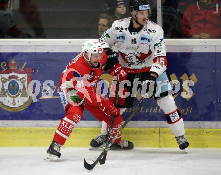 EBEL. Eishockey Bundesliga. KAC gegen HC Orli Znojmo. Philipp Kreuzer,  (KAC), Adam Sedlak (HC Orli Znojmo). Klagenfurt, am 28.10.2018.
Foto: Kuess

---
pressefotos, pressefotografie, kuess, qs, qspictures, sport, bild, bilder, bilddatenbank