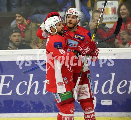 EBEL. Eishockey Bundesliga. KAC gegen HC Orli Znojmo. Torjubel Thomas Koch, Stefan Geier (KAC). Klagenfurt, am 28.10.2018.
Foto: Kuess

---
pressefotos, pressefotografie, kuess, qs, qspictures, sport, bild, bilder, bilddatenbank