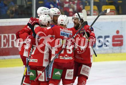 EBEL. Eishockey Bundesliga. KAC gegen HC Orli Znojmo. Torjubel Charles Robin Gartner, Adam Comrie, Thomas Hundertpfund, Stefan Geier, Siim Liivik (KAC). Klagenfurt, am 28.10.2018.
Foto: Kuess

---
pressefotos, pressefotografie, kuess, qs, qspictures, sport, bild, bilder, bilddatenbank