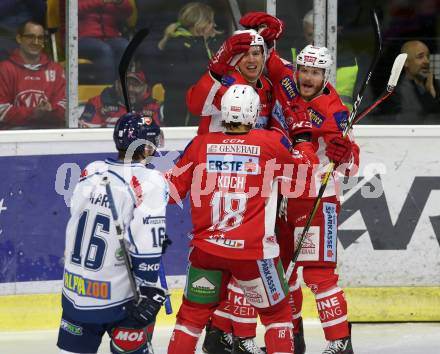 EBEL. Eishockey Bundesliga. KAC gegen Fehervar AV 19. Torjubel Stefan Geier, Thomas Koch, Nicholas Eric Petersen (KAC). Klagenfurt, am 28.10.2018.
Foto: Kuess

---
pressefotos, pressefotografie, kuess, qs, qspictures, sport, bild, bilder, bilddatenbank