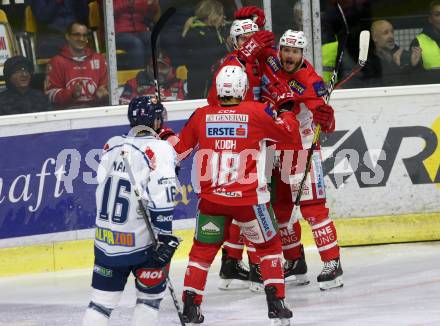 EBEL. Eishockey Bundesliga. KAC gegen Fehervar AV 19. Torjubel Stefan Geier, Thomas Koch, Nicholas Eric Petersen (KAC). Klagenfurt, am 28.10.2018.
Foto: Kuess

---
pressefotos, pressefotografie, kuess, qs, qspictures, sport, bild, bilder, bilddatenbank