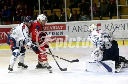 EBEL. Eishockey Bundesliga. KAC gegen Fehervar AV 19.  Mitch Wahl,  (KAC), Harri Tikkanen, MacMillan Carruth (Alba Volan). Klagenfurt, am 28.10.2018.
Foto: Kuess

---
pressefotos, pressefotografie, kuess, qs, qspictures, sport, bild, bilder, bilddatenbank